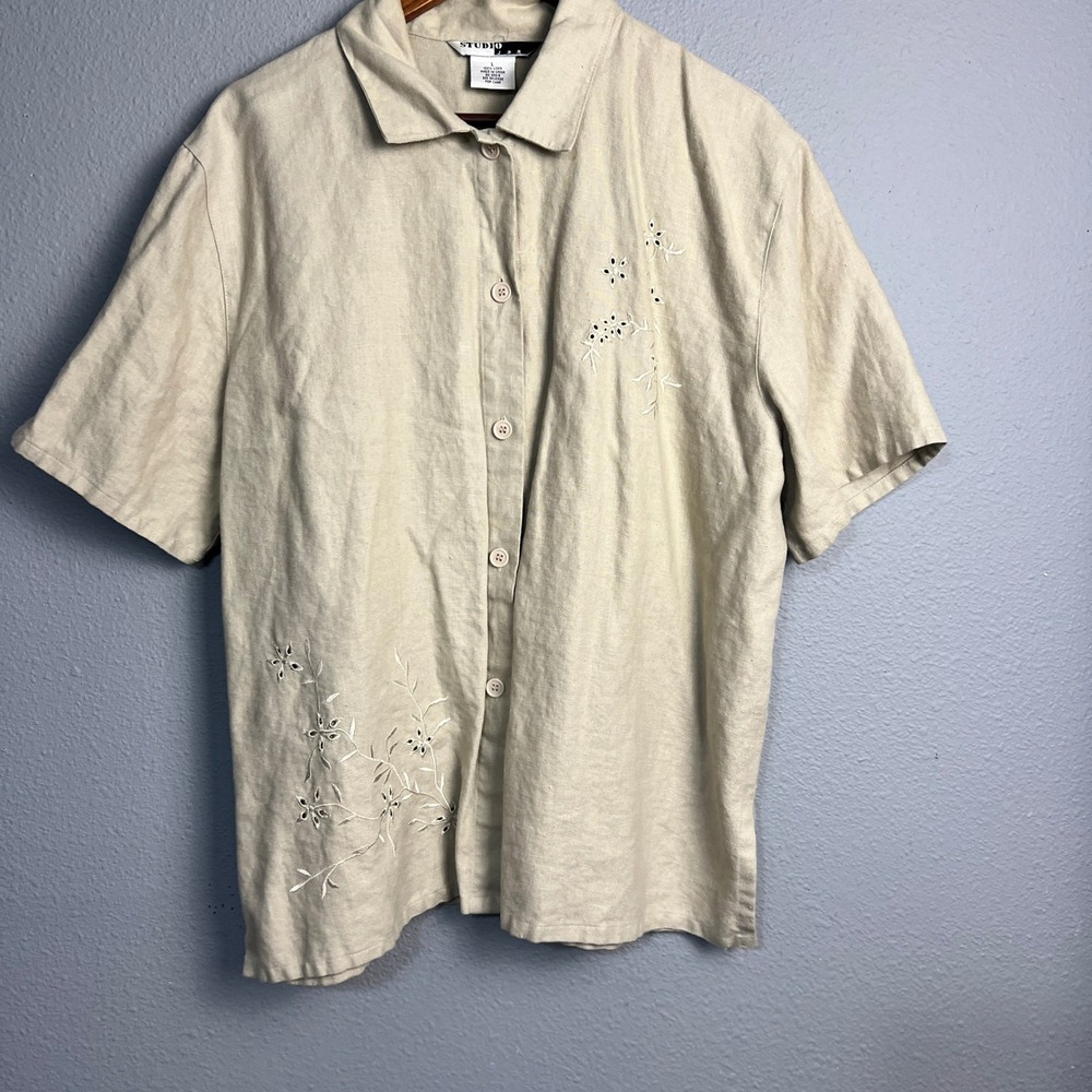 Studio JPR Linen Embroidered Mature Button Down Short Sleeve Shirt Beige Large